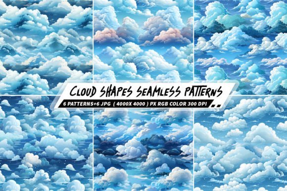 Fluffy Irregular Cloud Shapes: 6 Unique Seamless Patterns for Creative Design Projects