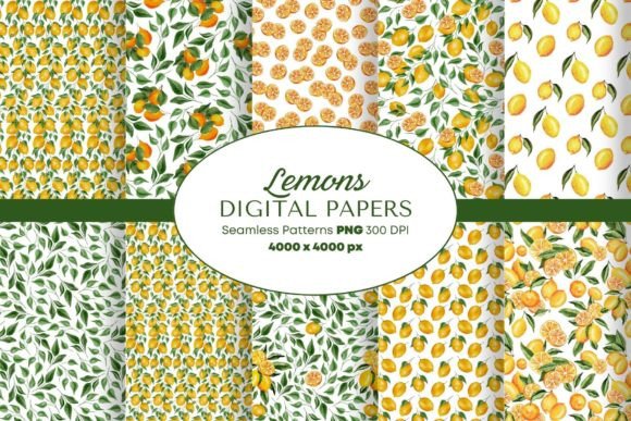 Lemon Watercolor PNG Seamless Patterns