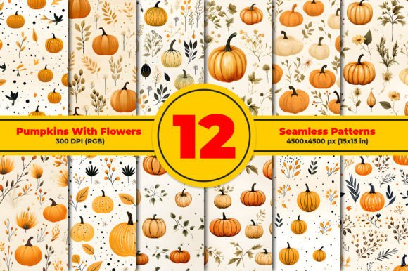 Pumpkins with Flowers Seamless Patterns Design