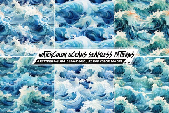 Watercolor Oceans 6 Seamless Patterns